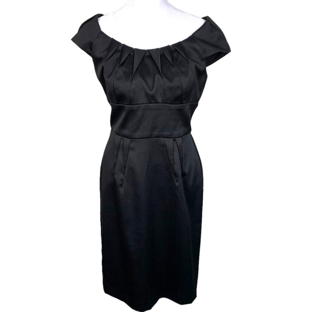 London Times Women's Sz 6 Black Satin Sheath Party Dress Cap Sleeve